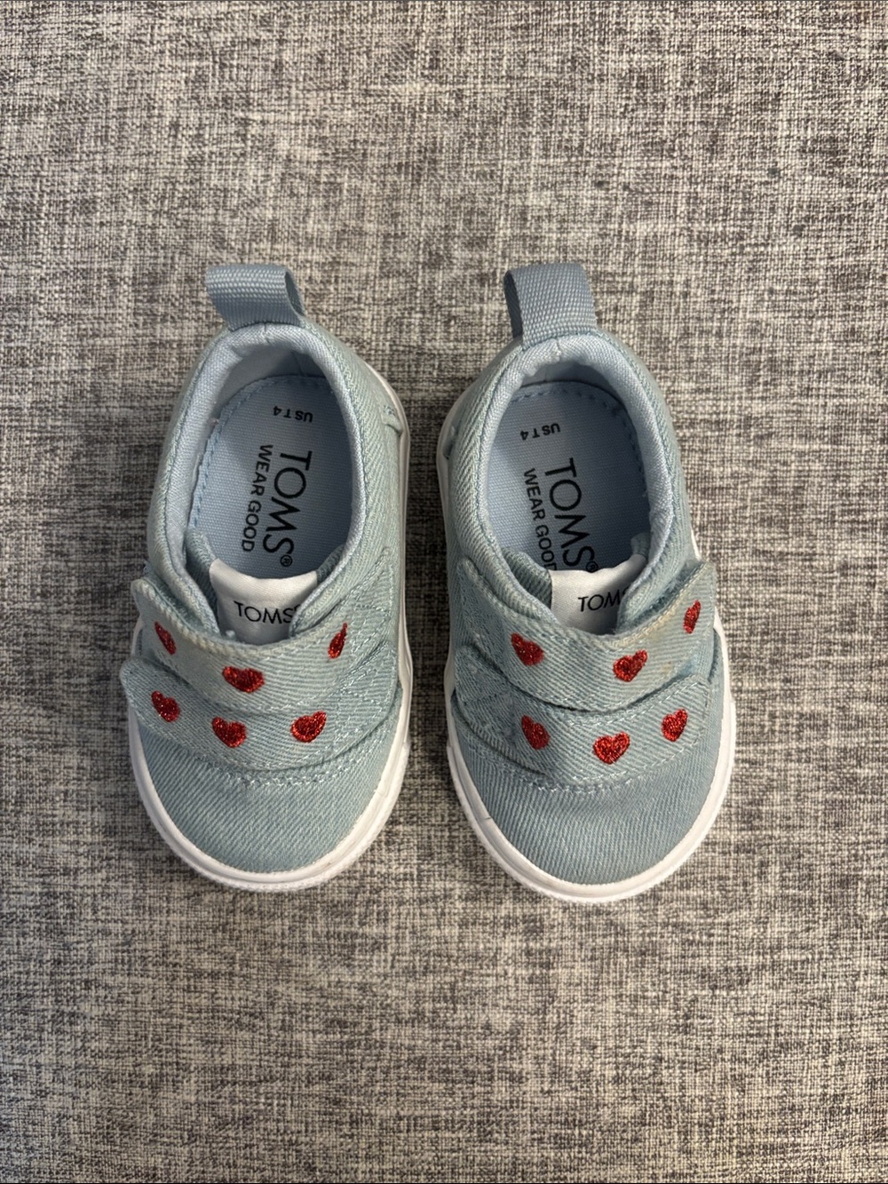 Toms Kids Light Blue Slip-On Sneakers with Red Heart Embroidery